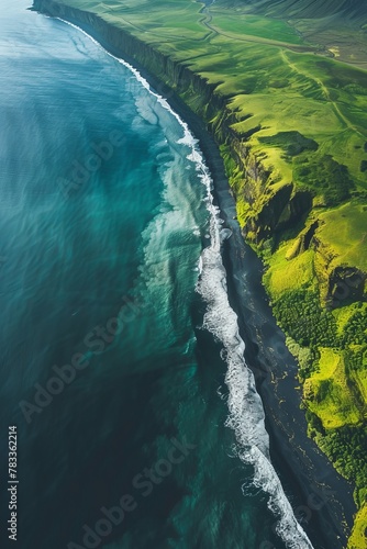 The black sand beach in Iceland. Aerial view and top view. Beautiful natural backdrop