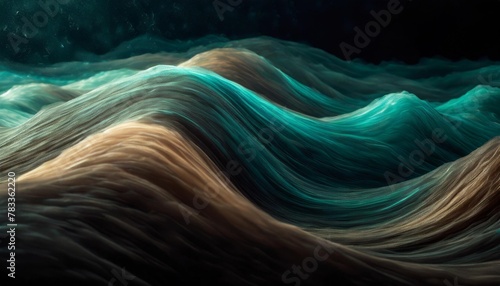 cyan wave on a black background in the style of futuristic spacescapes dark brown and light beige photo