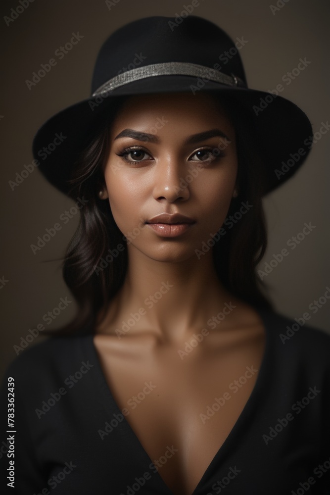Elegant portrait of a young woman in black hat and outfit against dark background. Moody lighting emphasizes facial features. Professional fashion photography style. Elegant portrait of a young woman in black hat and outfit against dark background. Moody lighting emphasizes facial features. Professional fashion photography style.