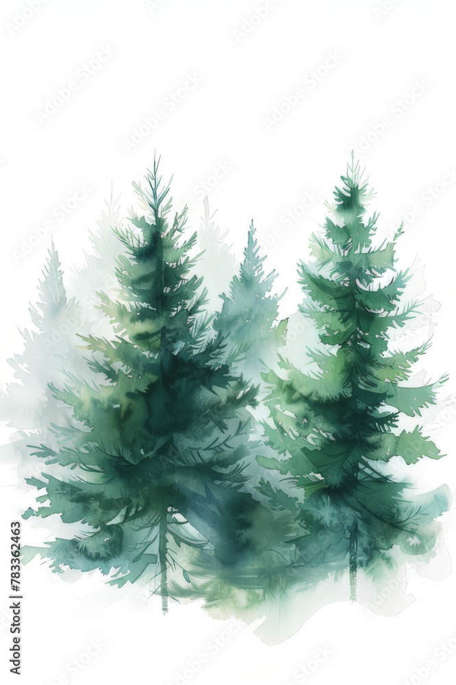 Three evergreen trees watercolor painting on white background