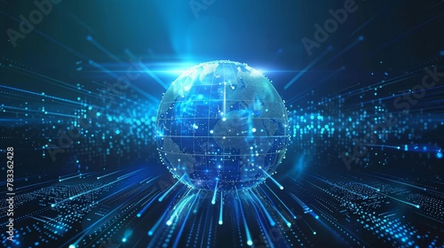 futuristic digital background with a blue globe symbolizing global technology and innovation