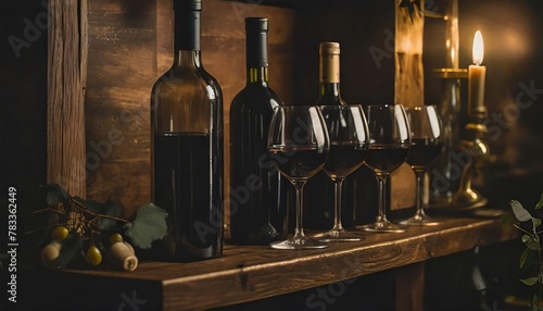 five bottles and four glass of elite wine on wooden shelf