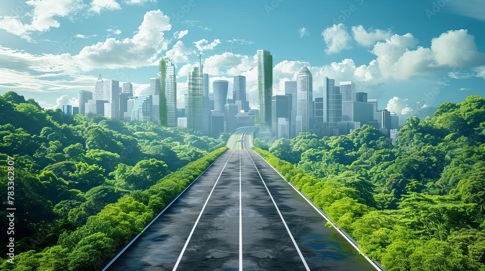 © Bijac - futuristic green sustainable highway stretching towards a modern city skyline vibrant 3d illustration background