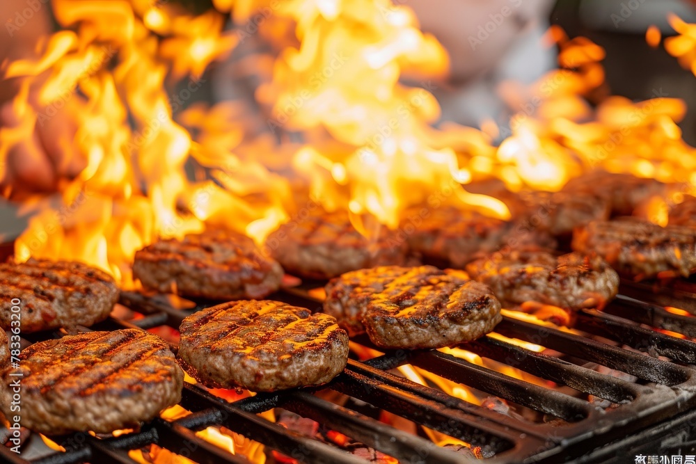 Juicy burgers cook over roaring BBQ flames, the quintessential summer grilling experience. Juicy burgers cook over roaring BBQ flames, the quintessential summer grilling experience.