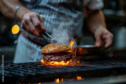 Flames engulf a burger on a nighttime grill, captured in a dramatic moment of culinary flair.