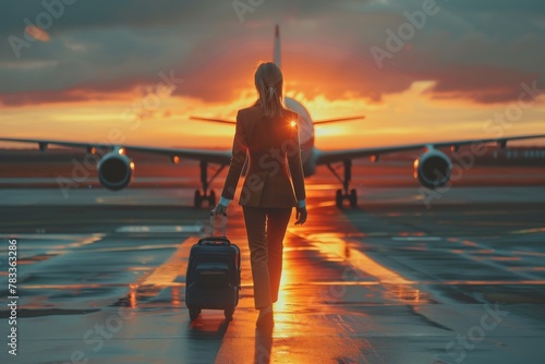 world civil aviation flight day. Capturing the spirit of travel, a traveler with a rolling suitcase walks towards the airplane as the sun sets on the horizon. photo