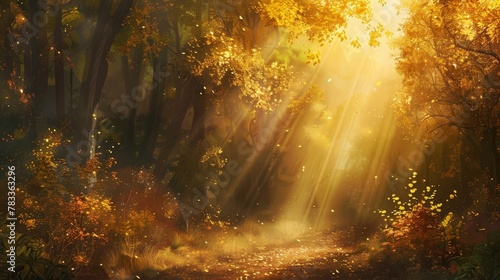 ethereal sun beams filtering through an enchanted autumn forest creating a magical atmosphere digital painting