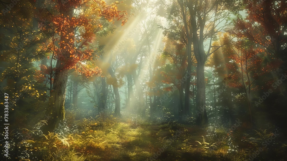 ethereal sun beams filtering through an enchanted autumn forest creating a magical atmosphere digital painting