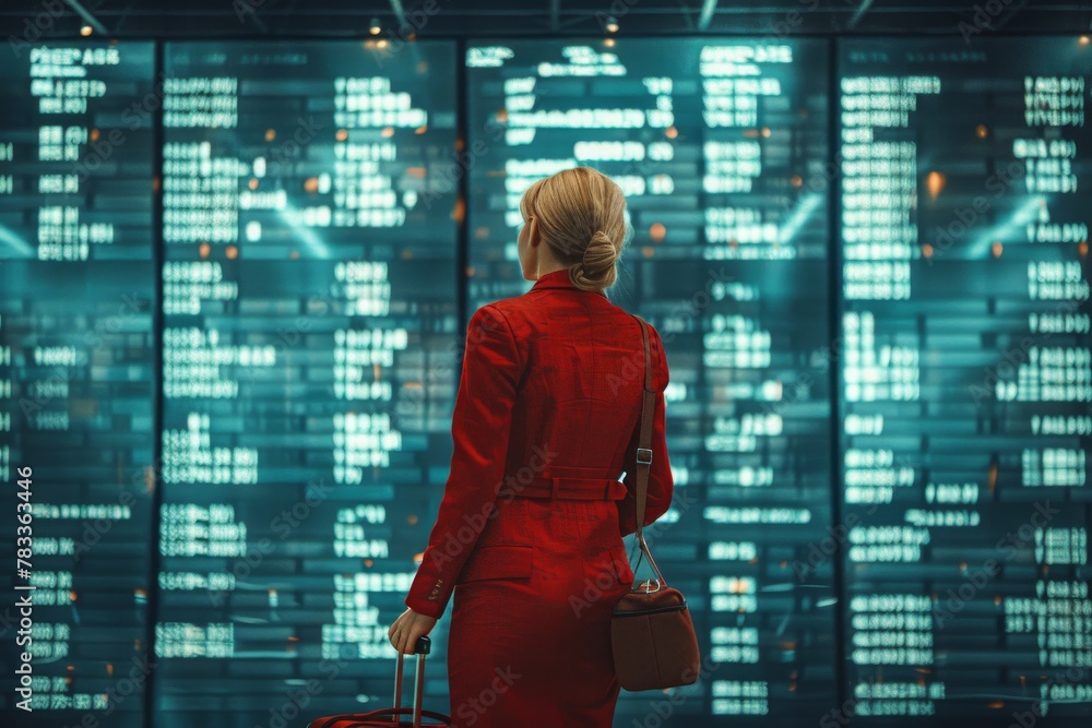 world civil aviation flight day. A woman in professional attire stands contemplating the airport departure board, considering the multitude of destinations on offer. world civil aviation flight day. A woman in professional attire stands contemplating the airport departure board, considering the multitude of destinations on offer.