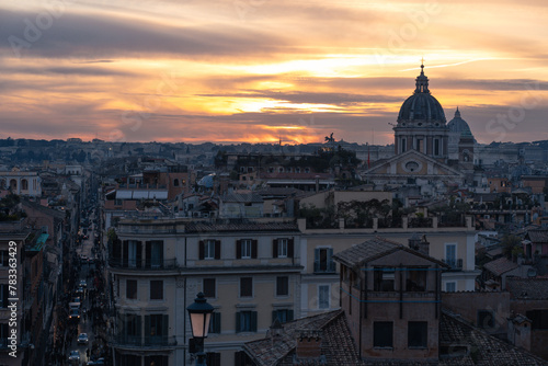 View of the sunset from the top of the Spanish Steps near Barberini, in Rome, Italy.
