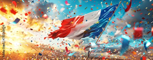 Bastille Day, A dynamic display of French pride as the tricolor flag waves energetically against a backdrop of flying confetti and a joyful crowd.