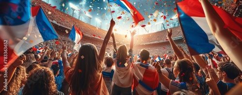 A crowd of people in France celebrates a national holiday, waving the French flag with a backdrop of falling confetti and revelry.