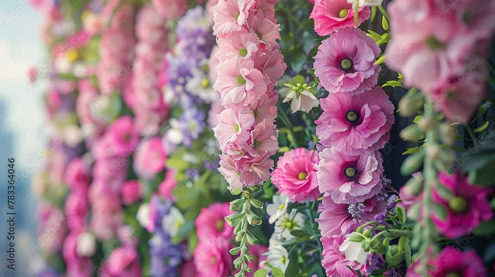   A building adorned with pink and purple flowers, their stems trailing down the side, while green foliage adorns the wall - obrazy, fototapety, plakaty 