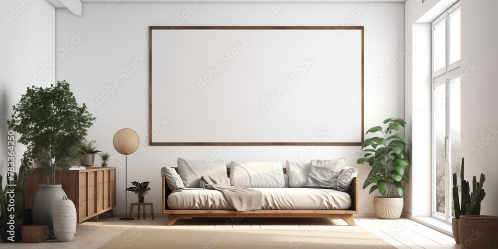 Blank picture frame mockup on white wall. White living room design. View of modern scandinavian style interior with sofa. Home staging and minimalism concept Blank picture frame mockup on white wall. White living room design. View of modern scandinavian style interior with sofa. Home staging and minimalism concept