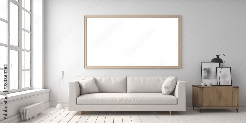 Blank picture frame mockup on white wall. White living room design. View of modern scandinavian style interior with sofa. Home staging and minimalism concept Blank picture frame mockup on white wall. White living room design. View of modern scandinavian style interior with sofa. Home staging and minimalism concept