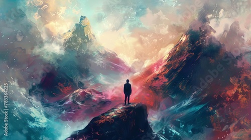 expressive textured portrait of a wanderer in a surreal nightmare mountain landscape digital painting photo