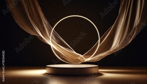 3d display podium beige background luxury flying transparent cloth in motion glamour minimal beauty pedestal cosmetic product presentation neon light circle frame empty mockup studio 3d render