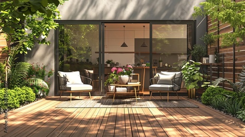 exterior view of a cozy back garden patio area with wooden decking and outdoor furniture architectural illustration photo