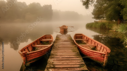 A Misty Morning on a Calm River with rowing Boats moored to a Wooden Jetty Wallpaper Background Cover Magazine Journal Illustration Brainstorming Digital Art