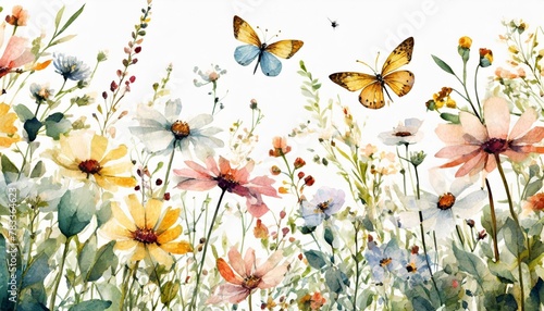 wildflowers plants flying butterflies dragonfly floral seamless pattern watercolor horizontal border isolated hand painting illustration summer meadow