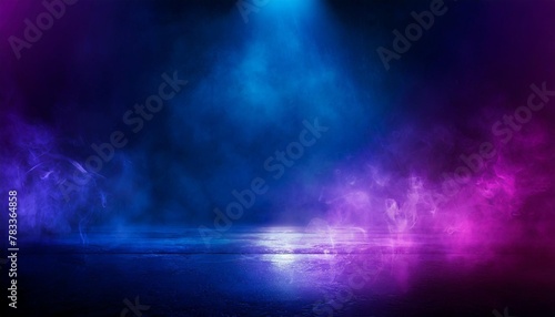 the dark stage shows empty dark blue purple pink background neon light spotlights the asphalt floor and studio room with smoke float up the interior texture for display products © Nathaniel