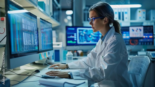 female data scientists working on computers in a modern laboratory analyzing charts and diagrams representing the future of technology and innovation stock photography