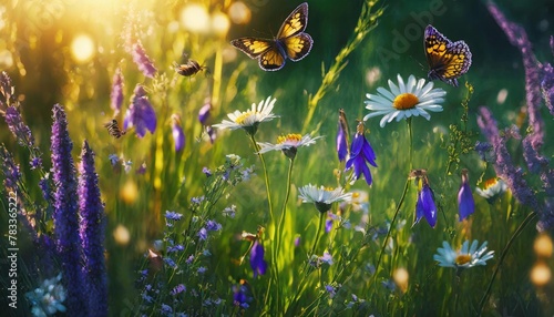 beautiful field meadow flowers chamomile and violet wild bells and three flying butterflies in morning green grass in sunlight natural landscape delightful pastoral airy fresh artistic generativeai