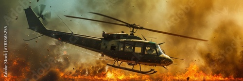 Military chopper - helicopter flying through smoke and fire photo