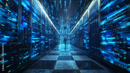 tech data center, rows of servers blue
