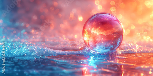 A single bubble capturing sunset reflections on water, surrounded by a soft bokeh effect.