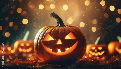 conceptual wallpaper for halloween with a pumpkin with a glowing face with a sinister look and nightly holiday atmosfere generative ai photo