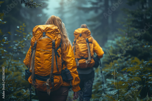 Friends hiking through a lush forest, breathing in the crisp air and reveling in the freedom of the outdoors. Concept of adventure and exploration. Generative Ai.