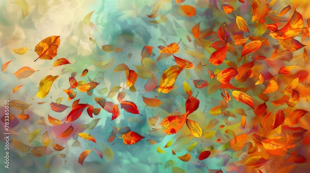 floating autumn leaves dancing in the wind colorful fall foliage swirling on breeze digital painting