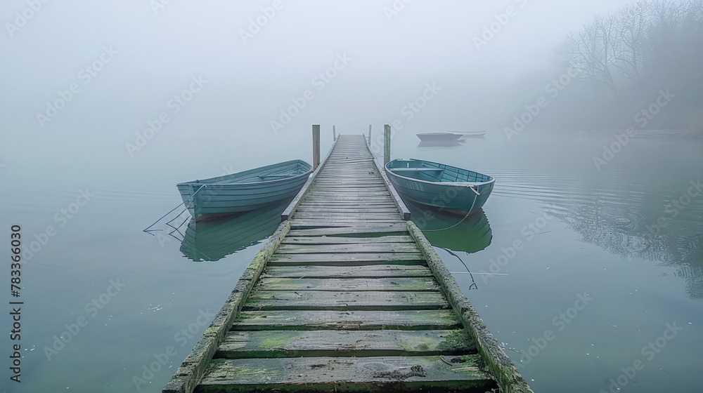 A Misty Morning on a Calm River with rowing Boats moored to a Wooden Jetty Wallpaper Background Cover Magazine Journal Illustration Brainstorming Digital Art