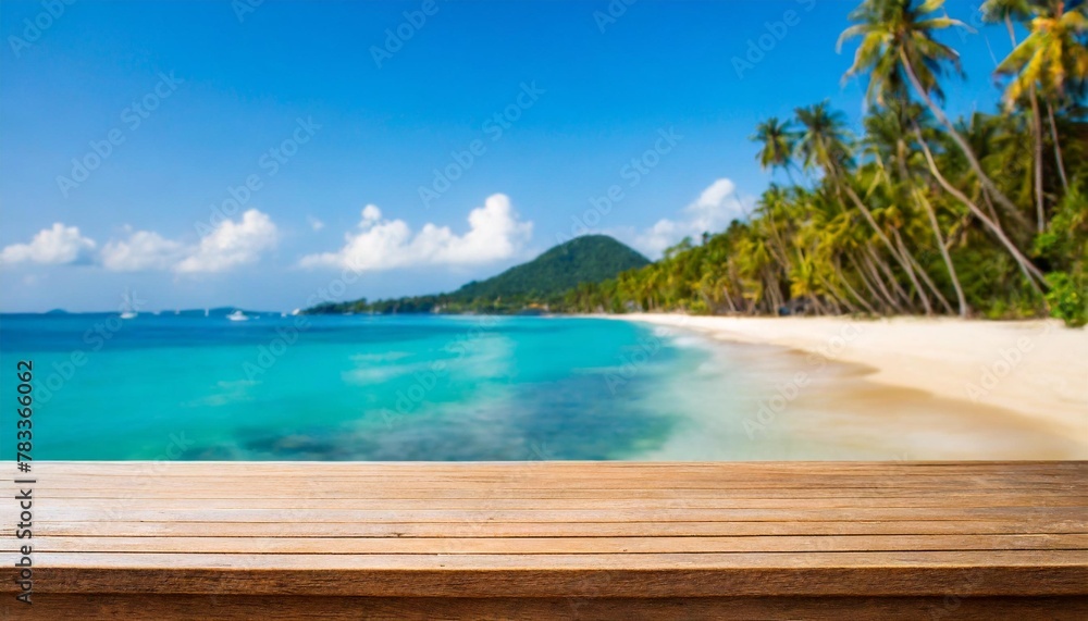 desk of free space and summer beach landscape