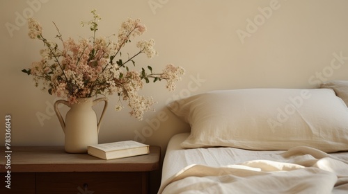 Relaxing bedroom decoration details of bed with natural linen textured bedding, muted neutral aesthetic colors   © DELstudio