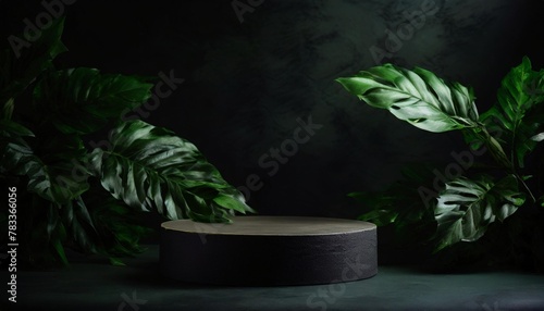 isolated of modern product display with empty podium and green leaves