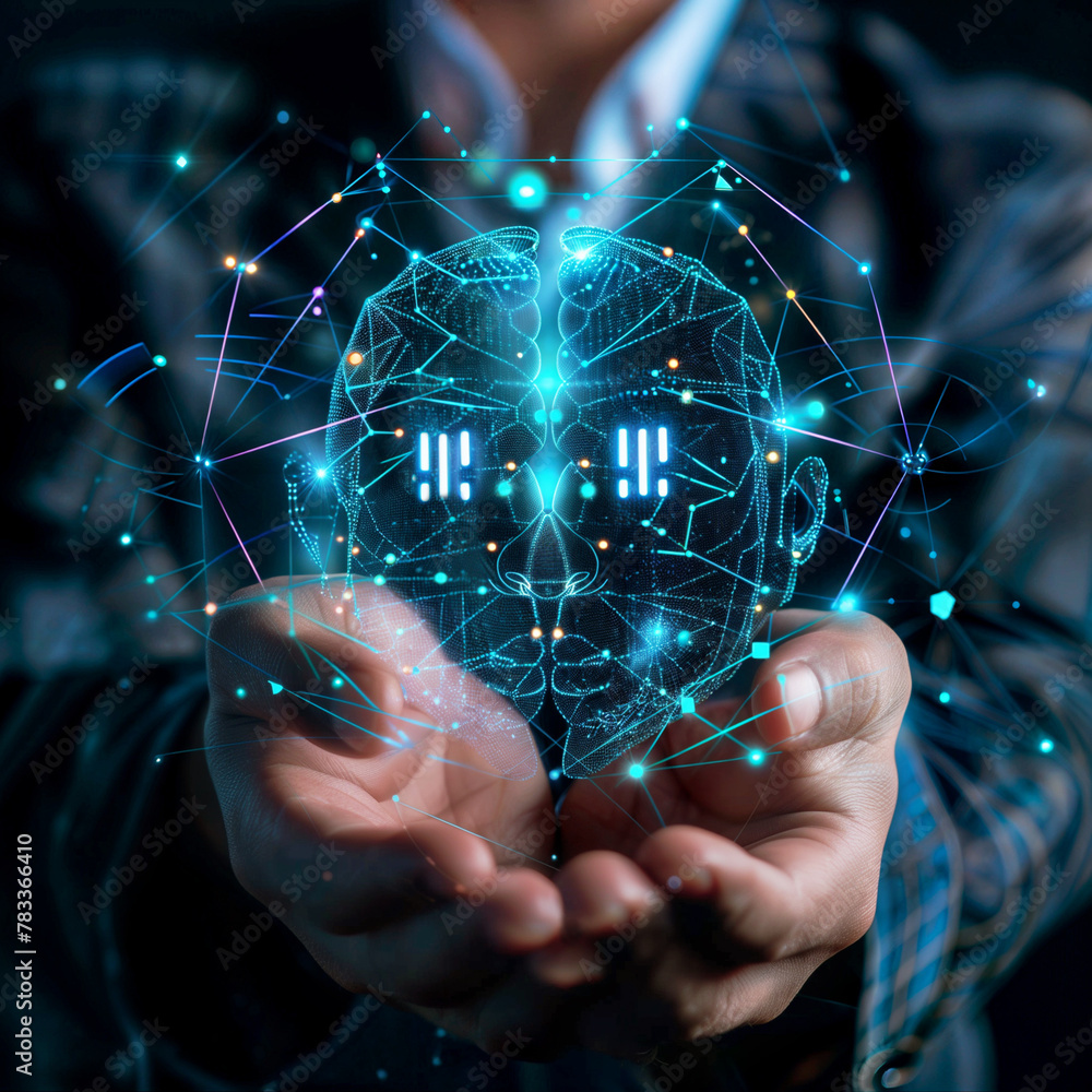 © Zoran Karapancev - Person in a dark room holding a digital brain graphic with glowing lines and nodes presenting Artificial Intelligence database system and abstract cloud network data analysis.