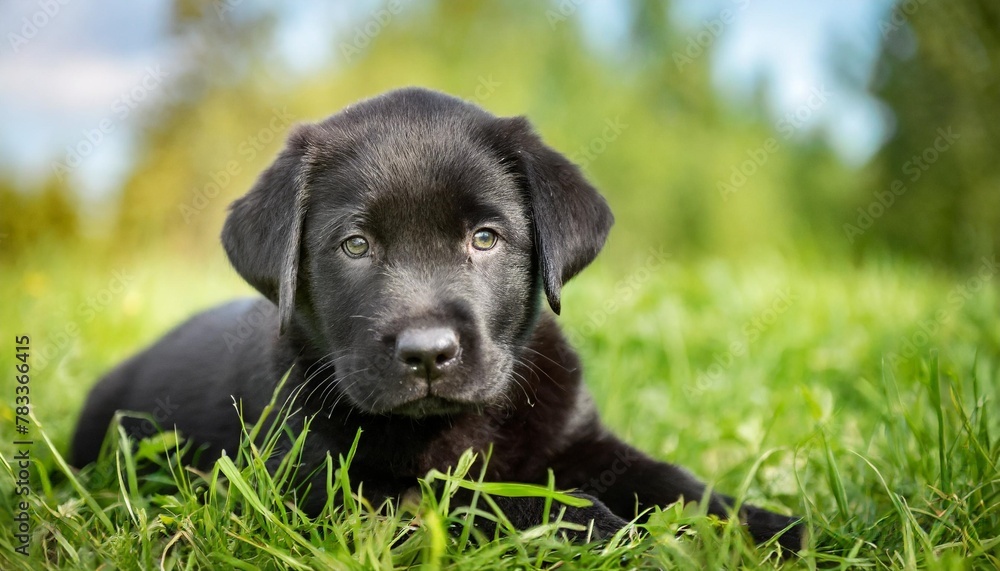 cute labrador dog puppy with black fur lies in the grass