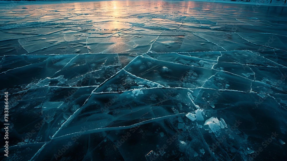 frozen lake with cracked ice patterns at dusk abstract winter photography - obrazy, fototapety, plakaty 