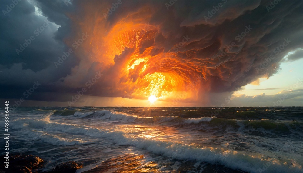 a breathtaking artwork capturing a stormy ocean with a massive fireball in the cloudy sky creating a stunning afterglow over the water and horizon