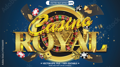 Casino royal 3d editable vector text effect with playing black poker card, casino chips and casino dice