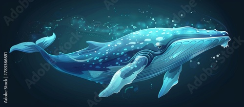 Majestic whale glides through the sea surrounded by shimmering bubbles rising to the surface photo