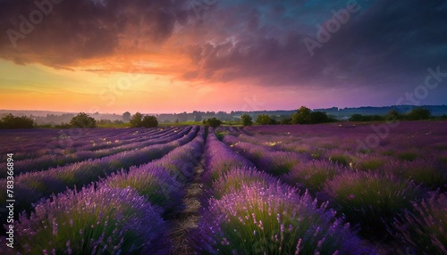 lavender field in bloom with colorful sky at dusk