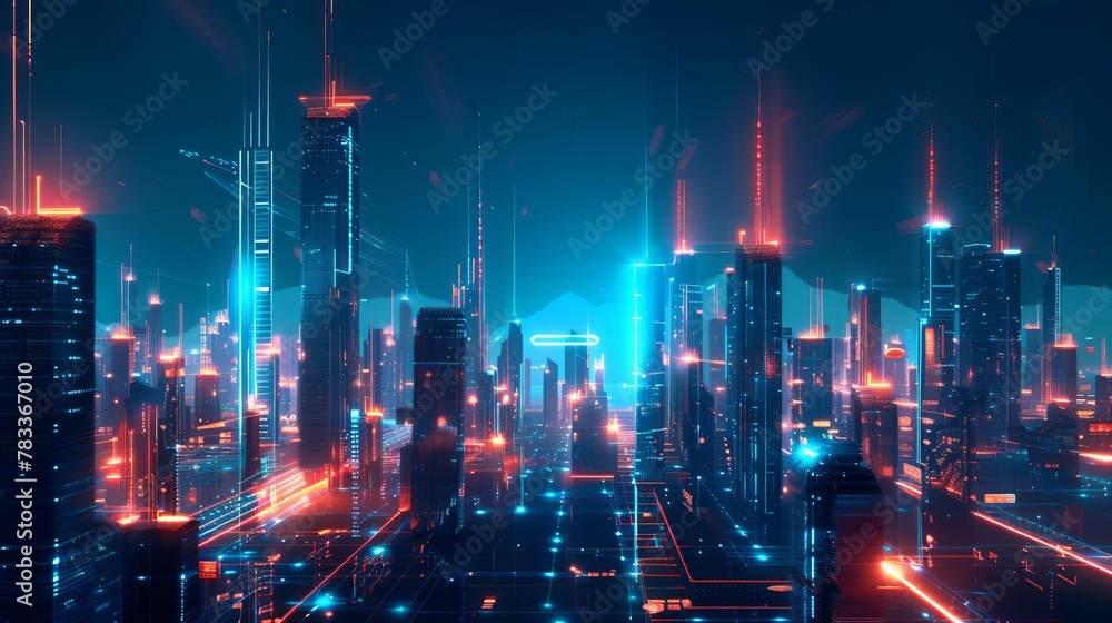 futuristic abstract cityscape with glowing neon lights and sleek geometric structures