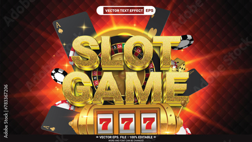 Slot game 3d editable vector text style effect with casino slot machine, casino chips and playing black poker cards