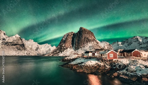 aurora borealis northern lights view on the house in the hamnoy village lofoten islands norway landscape in winter time mountains and water © Michelle