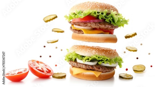 Big burger with pieces of beef and fresh vegetables on white background