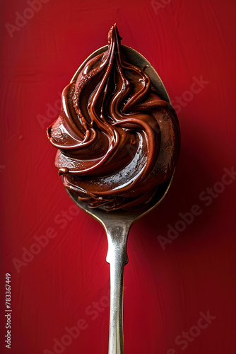 Spoon with chocolate hazelnut on dark red background, Dollop, sweet delight, gourmet, macro food photography photo