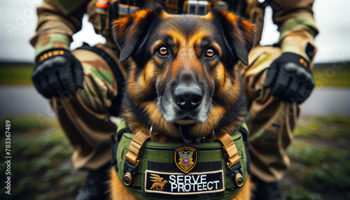 Close-up of a search and rescue dog with its handler in the background. A dog wearing a vest that says Serve and Protect looks alert and ready. photo